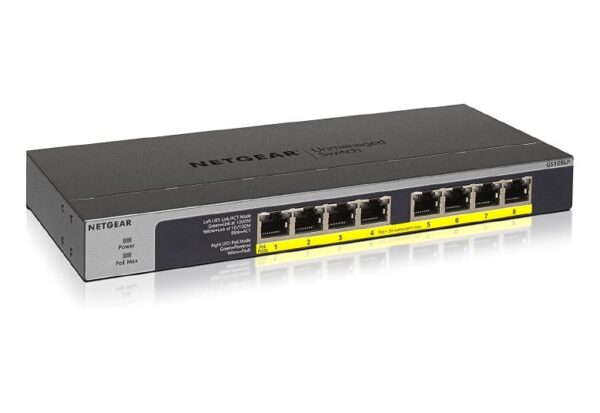 GS108LP - NETGEAR - 8Port POE/POE+ Gigabit Unmanaged Switch, 60W PoE power budget - adj (Desktop/Wall /Rack Mountable)