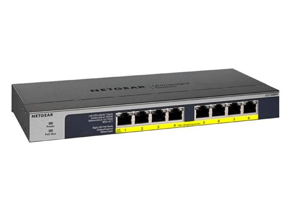 GS108PP-NETGEAR - 8Port GE POE/POE+ Gigabit Unmanaged Switch, 123W PoE power budget - adj (Desktop/Wall /Rack Mountable)